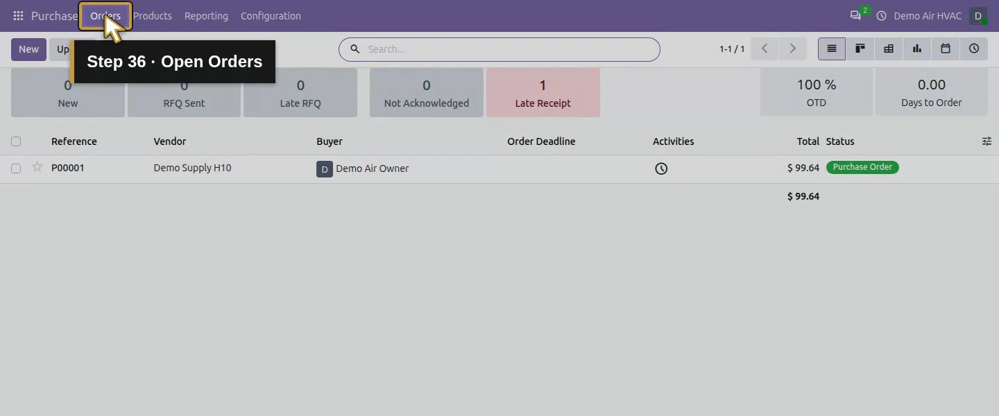 Action 36: Open Orders. The actual target is highlighted in gold.