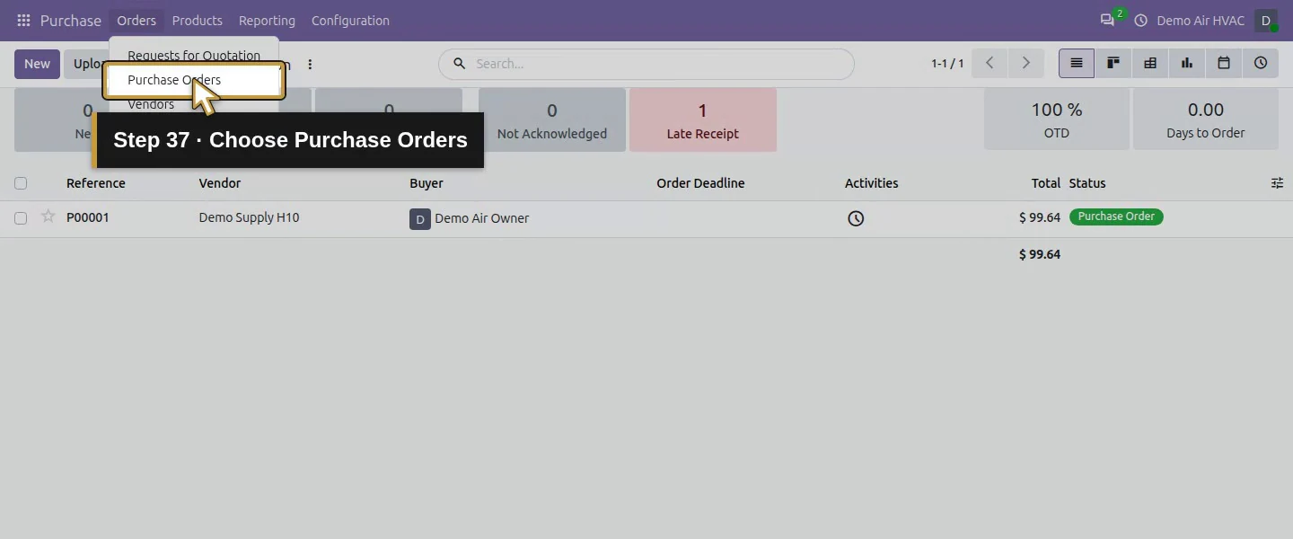 Action 37: Choose Purchase Orders. The actual target is highlighted in gold.
