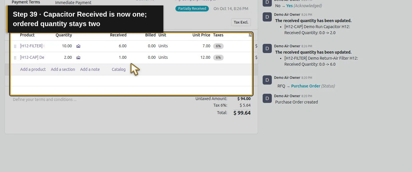 Action 39: Capacitor Received is now one; ordered quantity stays two. The actual target is highlighted in gold.