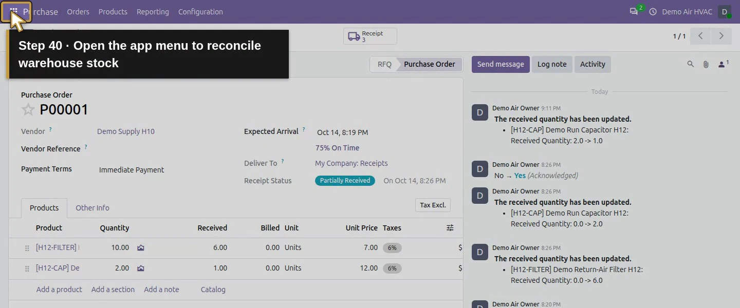 Action 40: Open the app menu to reconcile warehouse stock. The actual target is highlighted in gold.