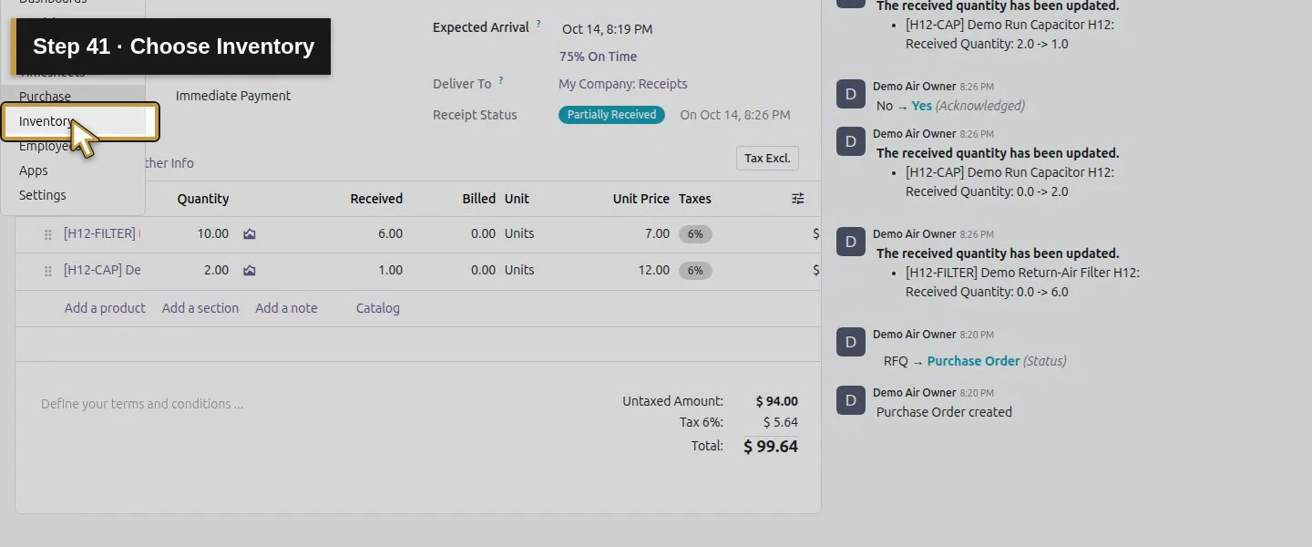 Action 41: Choose Inventory. The actual target is highlighted in gold.