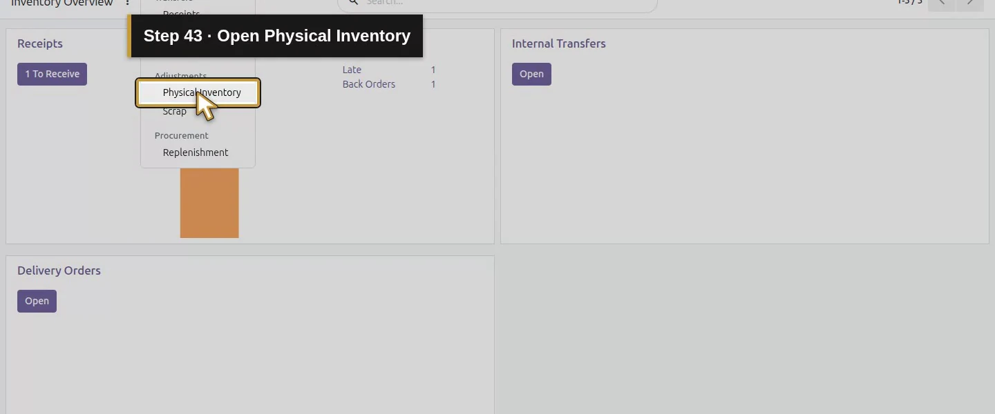 Action 43: Open Physical Inventory. The actual target is highlighted in gold.