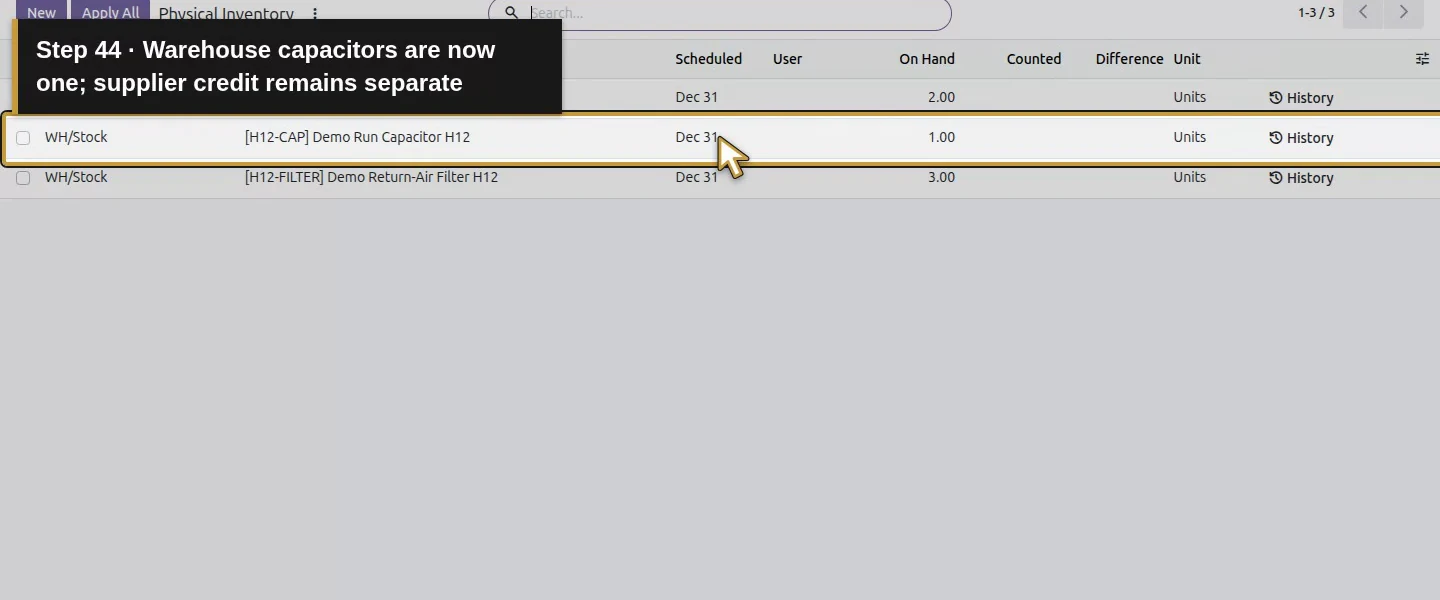 Action 44: Warehouse capacitors are now one; supplier credit remains separate. The actual target is highlighted in gold.