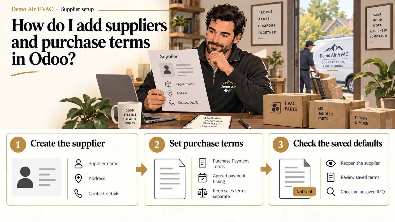 How do I add suppliers and purchase terms in Odoo? A fictional HVAC owner connects Create the supplier, Set purchase terms and Check the saved defaults.
