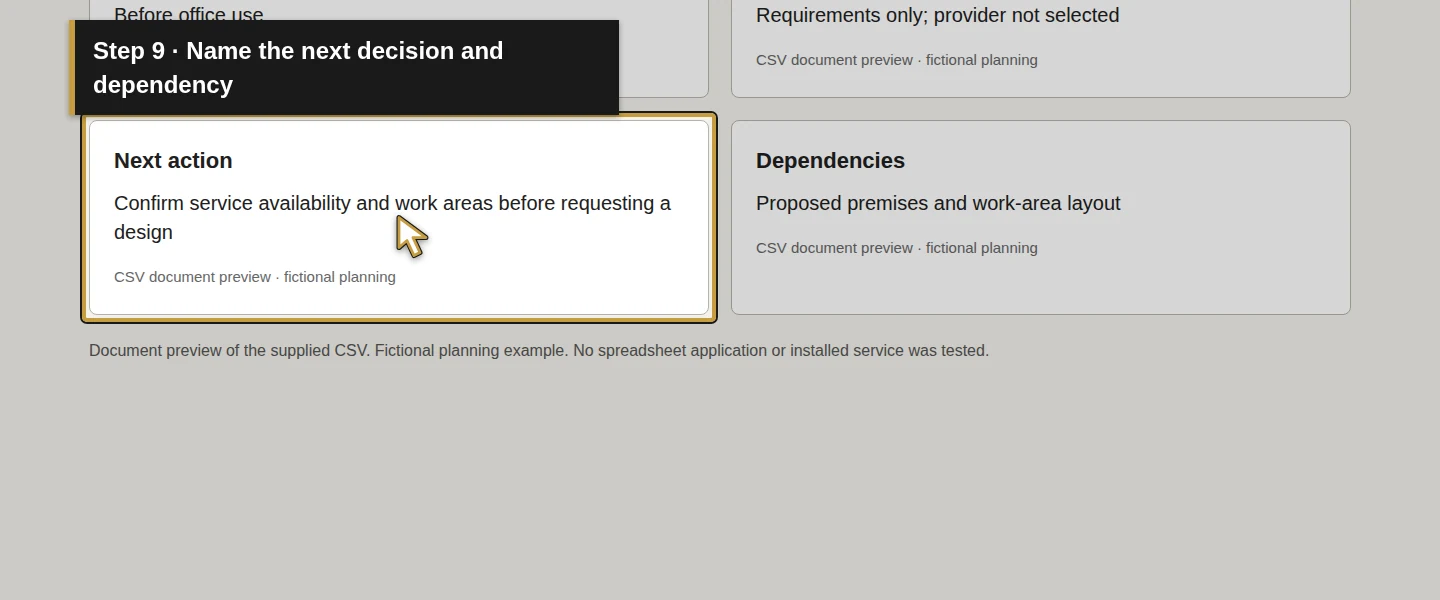 Worksheet field 9: Name the next decision and dependency. The actual target is highlighted in gold.