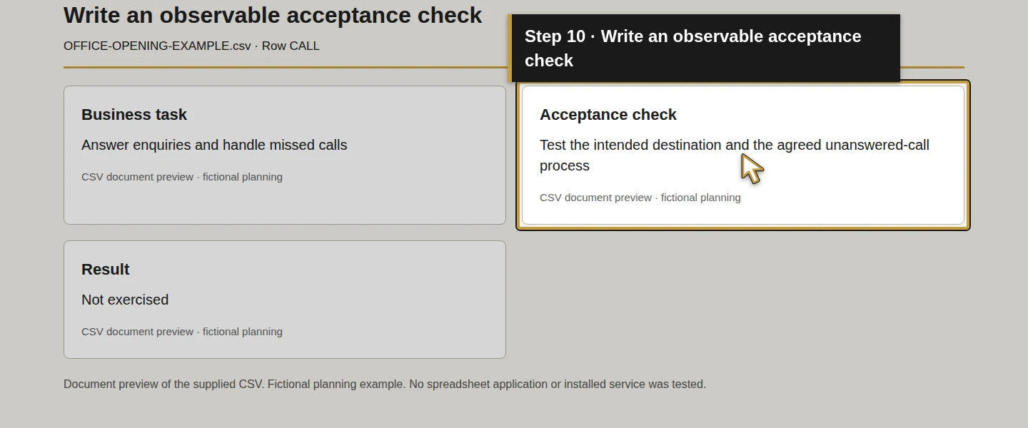 Worksheet field 10: Write an observable acceptance check. The actual target is highlighted in gold.