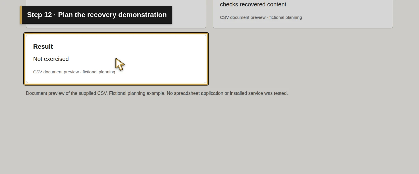 Worksheet field 12: Plan the recovery demonstration. The actual target is highlighted in gold.