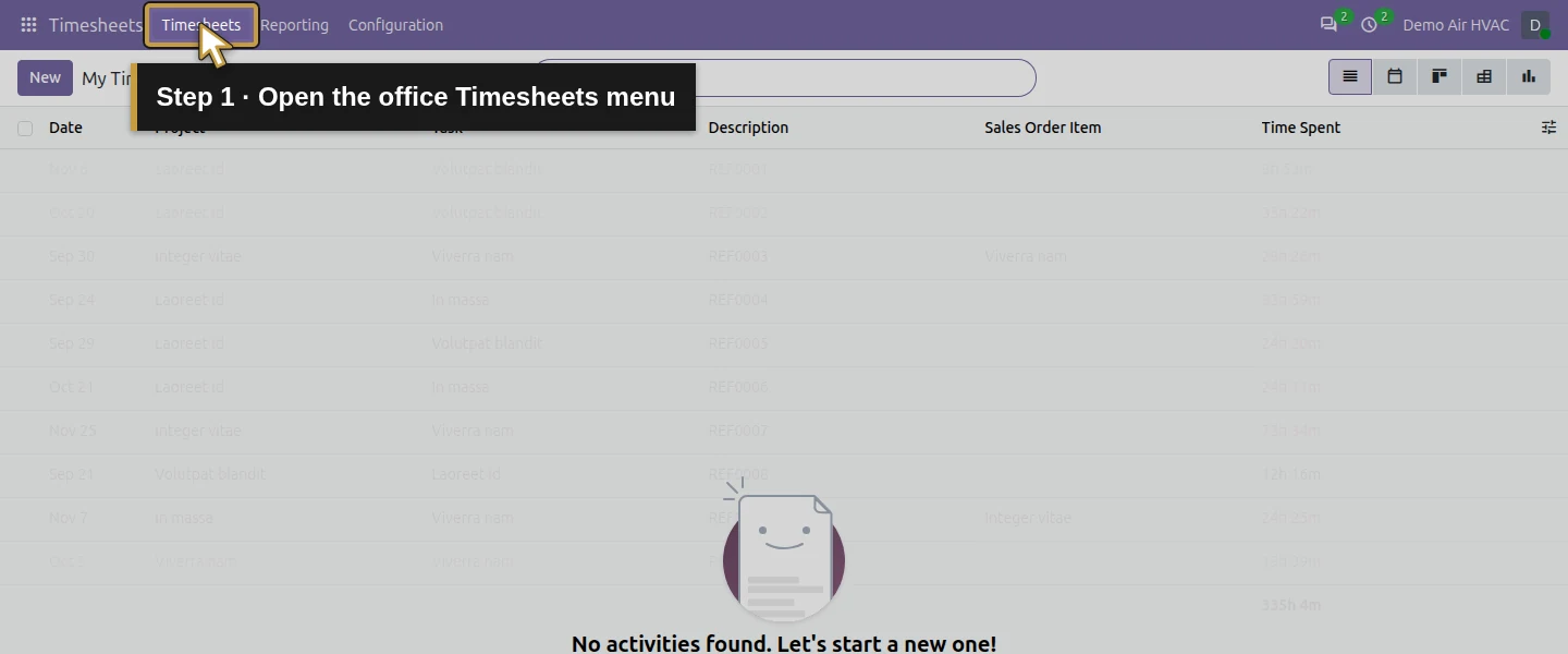 Action 1: Open the office Timesheets menu. The actual target is highlighted in gold.