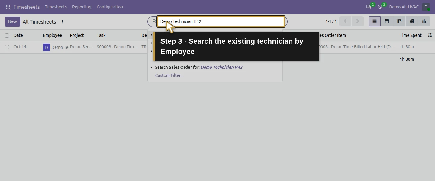 Action 3: Search the existing technician by Employee. The actual target is highlighted in gold.