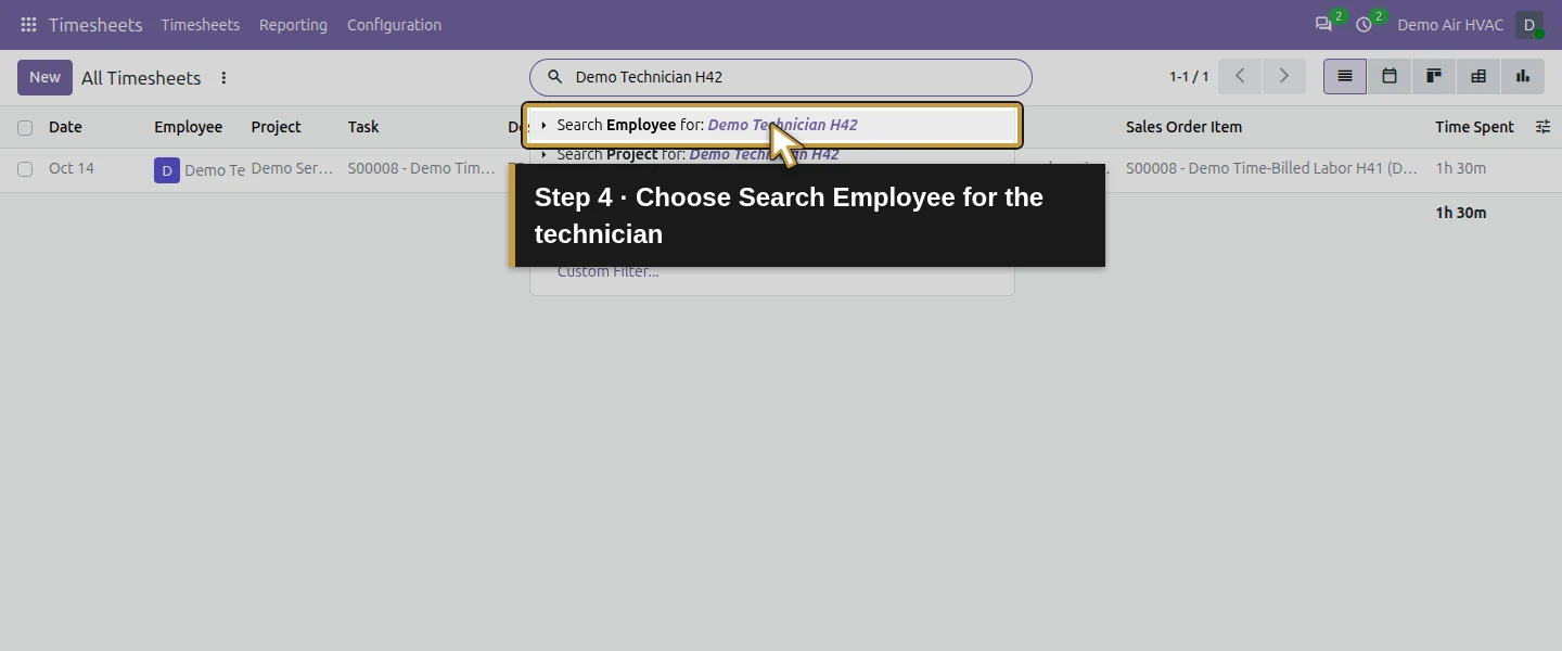 Action 4: Choose Search Employee for the technician. The actual target is highlighted in gold.
