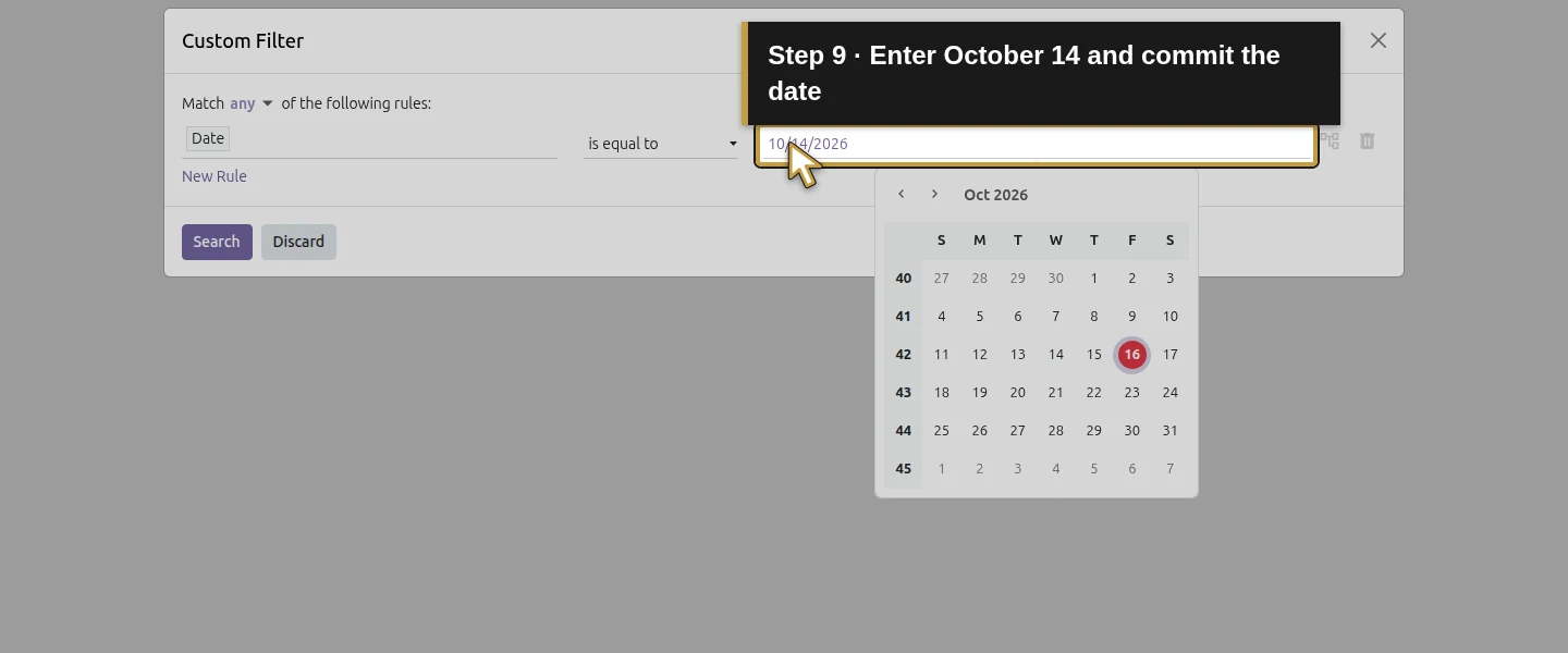 Action 9: Enter October 14 and commit the date. The actual target is highlighted in gold.