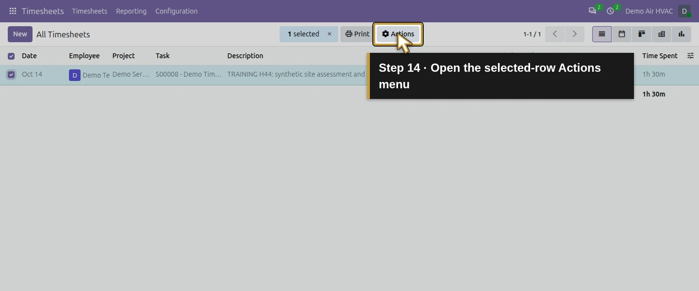 Action 14: Open the selected-row Actions menu. The actual target is highlighted in gold.