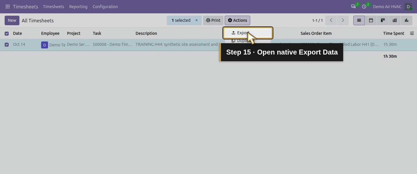 Action 15: Open native Export Data. The actual target is highlighted in gold.