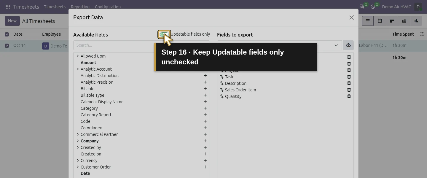 Action 16: Keep Updatable fields only unchecked. The actual target is highlighted in gold.