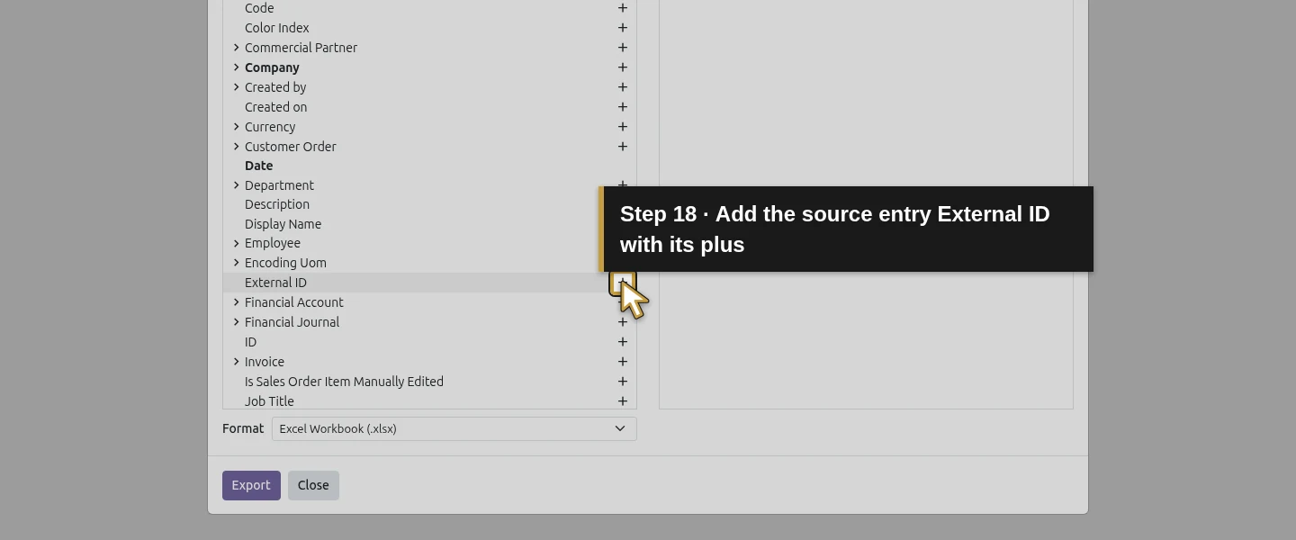 Action 18: Add the source entry External ID with its plus. The actual target is highlighted in gold.