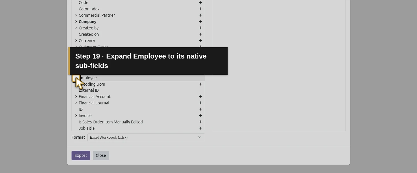 Action 19: Expand Employee to its native sub-fields. The actual target is highlighted in gold.