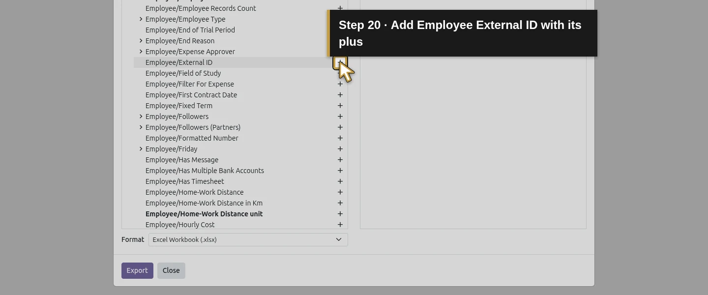 Action 20: Add Employee External ID with its plus. The actual target is highlighted in gold.