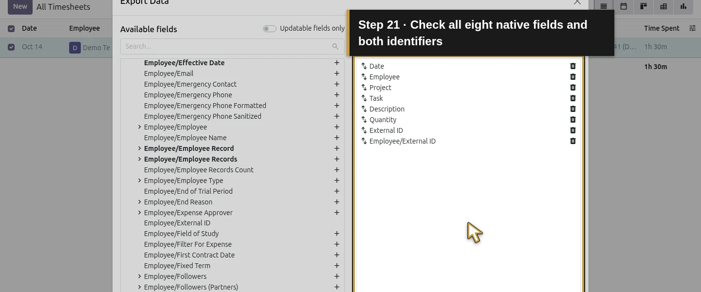 Action 21: Check all eight native fields and both identifiers. The actual target is highlighted in gold.