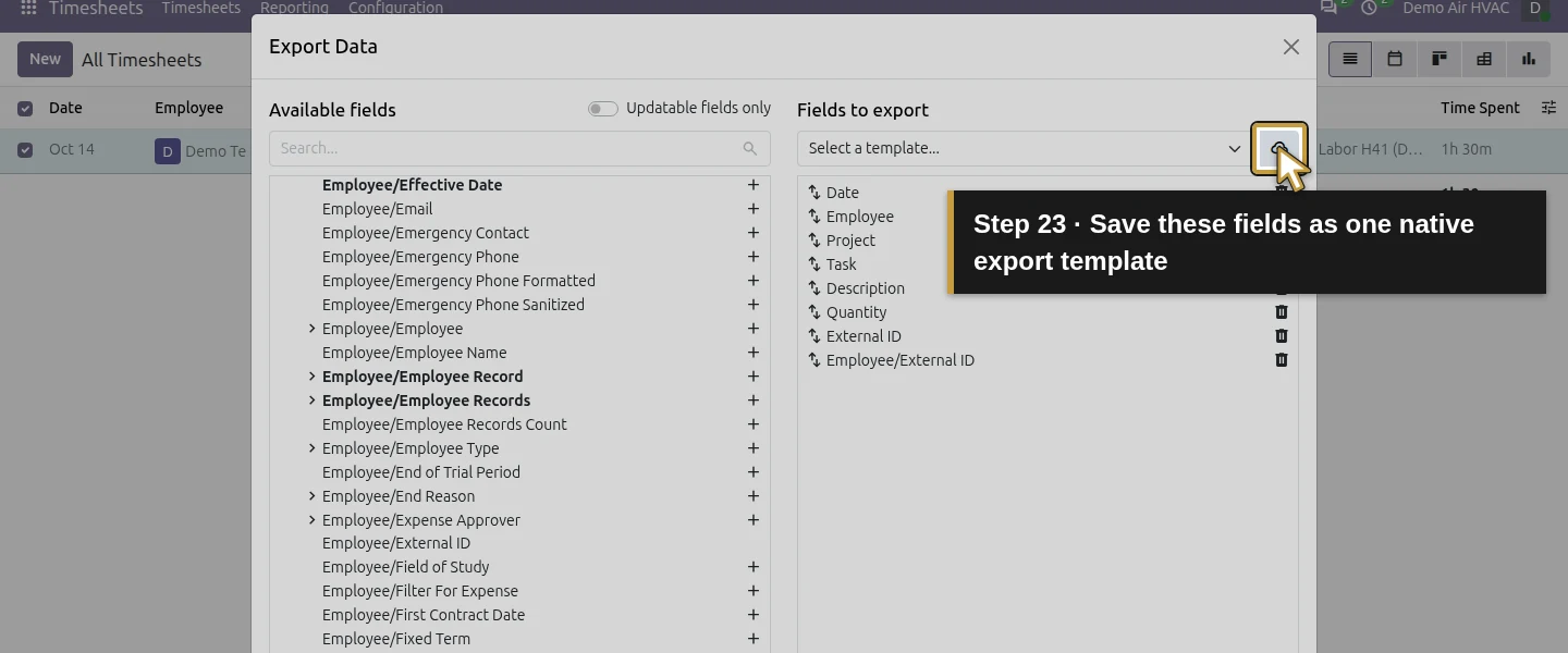 Action 23: Save these fields as one native export template. The actual target is highlighted in gold.