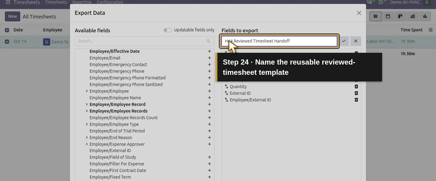 Action 24: Name the reusable reviewed-timesheet template. The actual target is highlighted in gold.