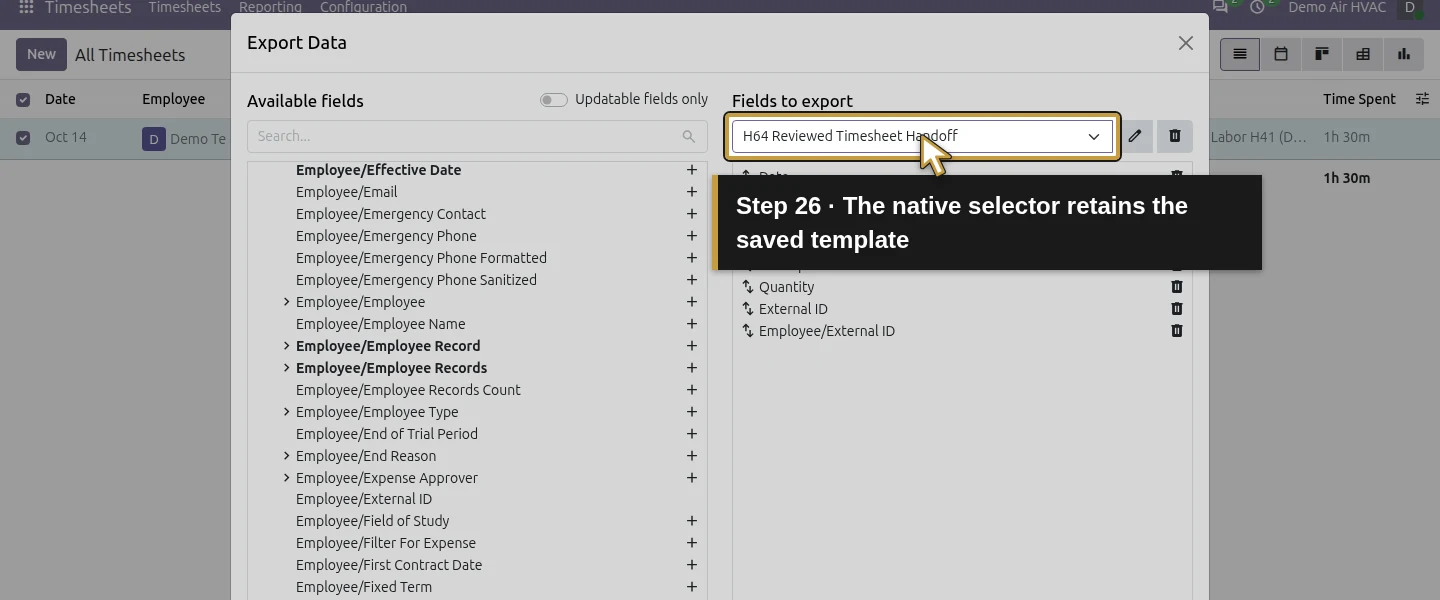 Action 26: The native selector retains the saved template. The actual target is highlighted in gold.