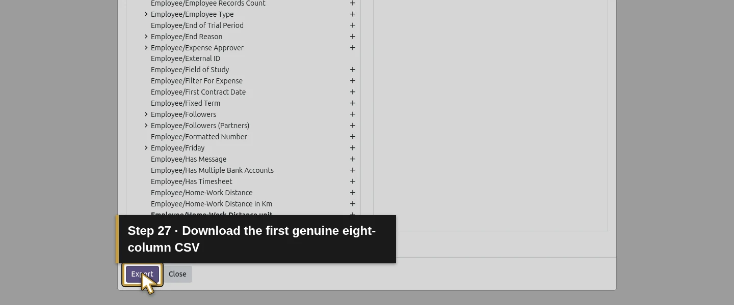 Action 27: Download the first genuine eight-column CSV. The actual target is highlighted in gold.