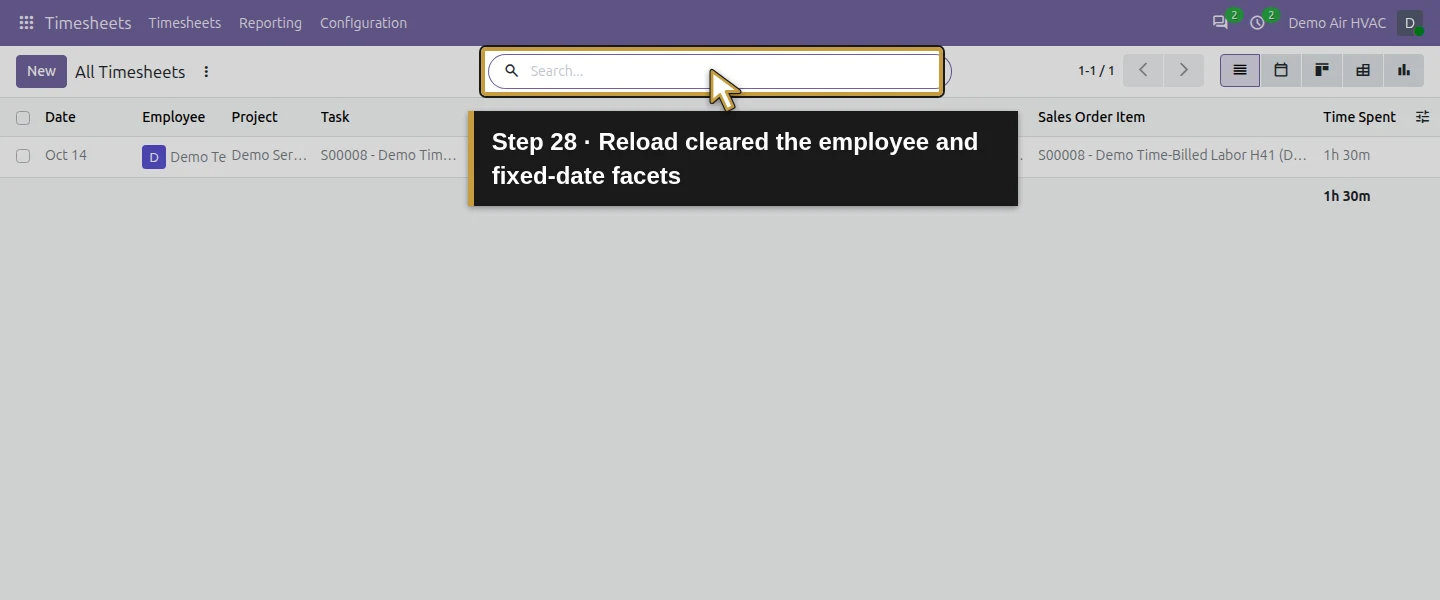 Action 28: Reload cleared the employee and fixed-date facets. The actual target is highlighted in gold.