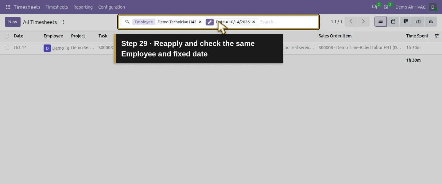 Action 29: Reapply and check the same Employee and fixed date. The actual target is highlighted in gold.