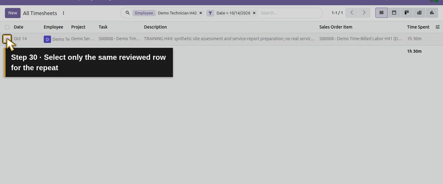 Action 30: Select only the same reviewed row for the repeat. The actual target is highlighted in gold.