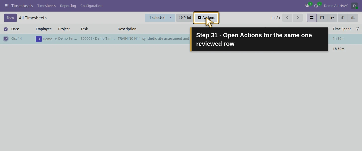 Action 31: Open Actions for the same one reviewed row. The actual target is highlighted in gold.