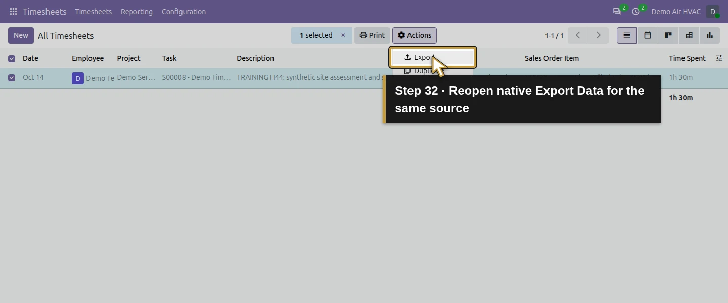 Action 32: Reopen native Export Data for the same source. The actual target is highlighted in gold.