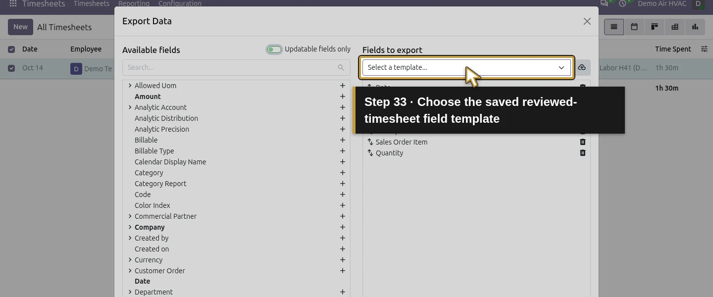 Action 33: Choose the saved reviewed-timesheet field template. The actual target is highlighted in gold.