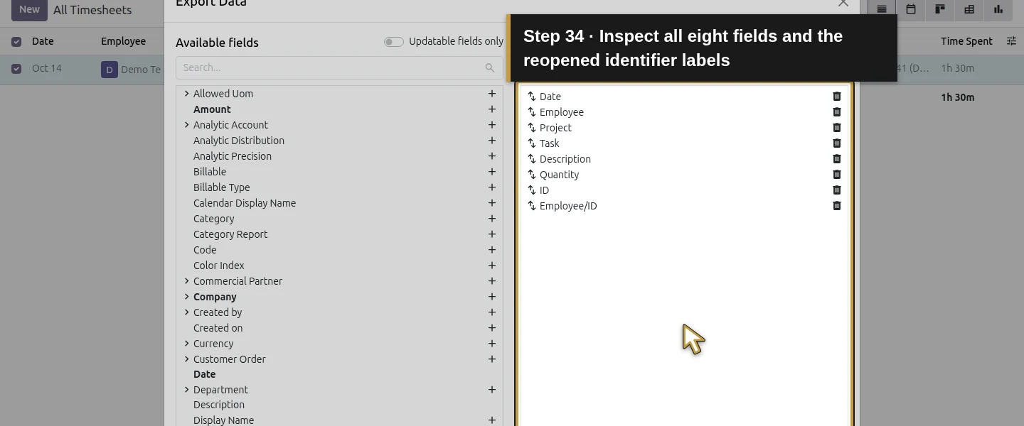 Action 34: Inspect all eight fields and the reopened identifier labels. The actual target is highlighted in gold.