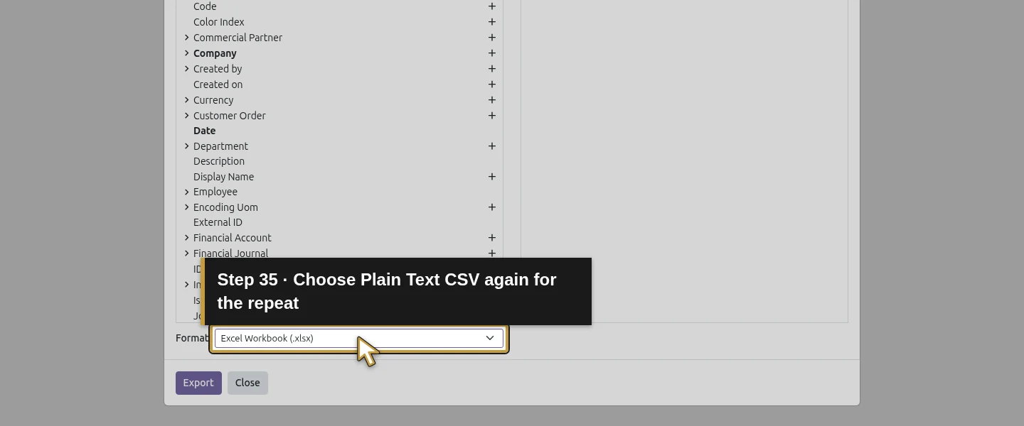 Action 35: Choose Plain Text CSV again for the repeat. The actual target is highlighted in gold.