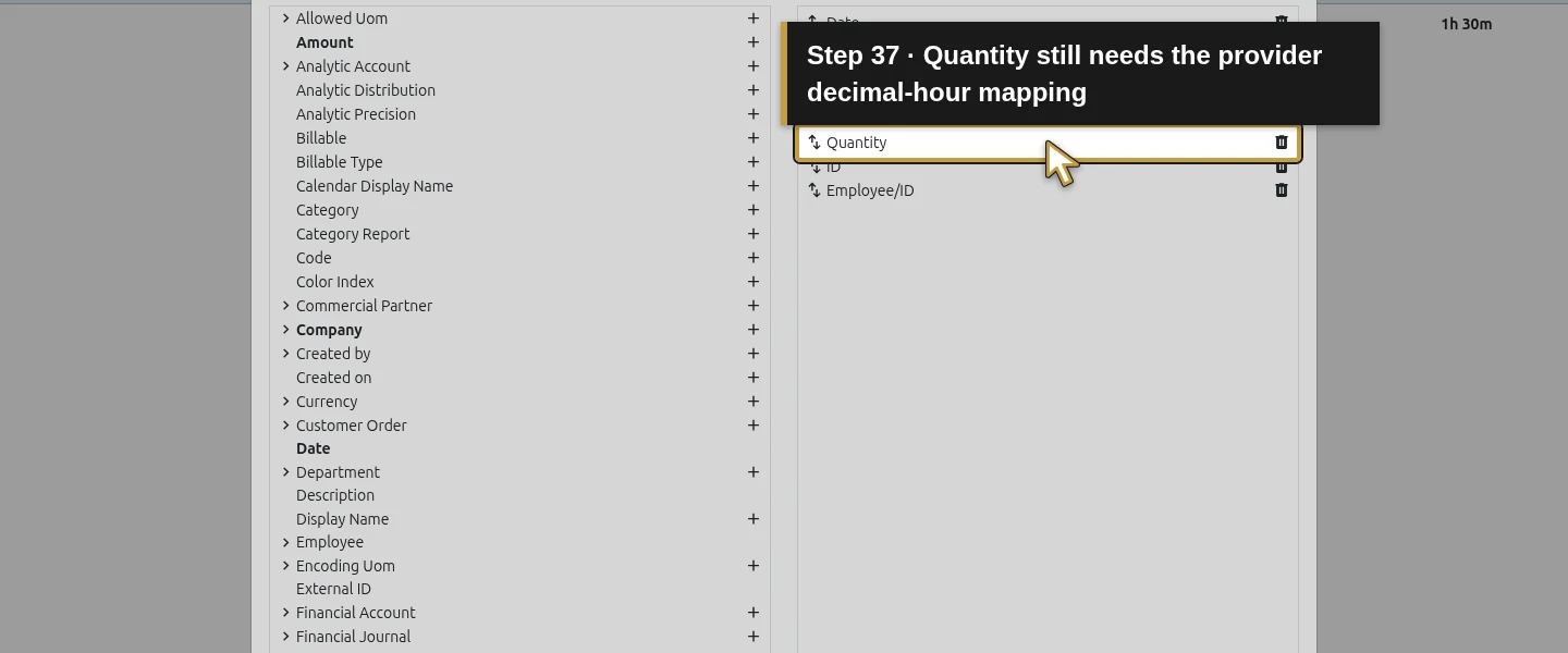 Action 37: Quantity still needs the provider decimal-hour mapping. The actual target is highlighted in gold.