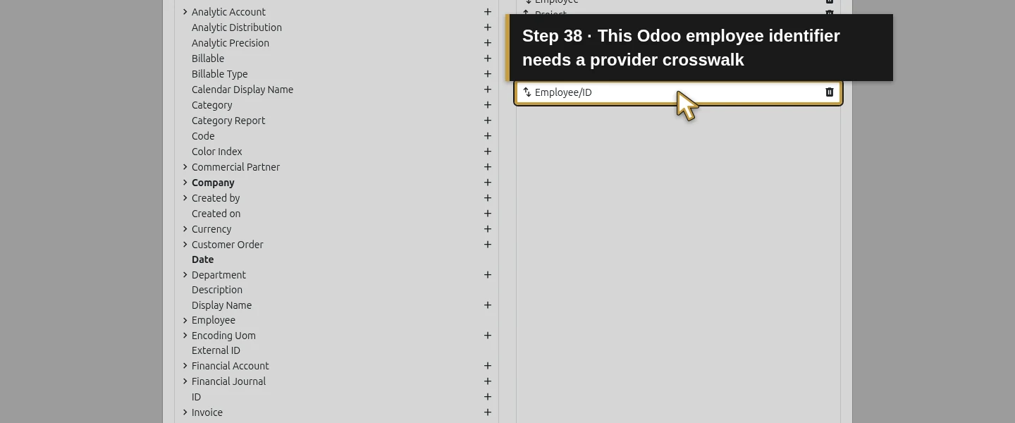 Action 38: This Odoo employee identifier needs a provider crosswalk. The actual target is highlighted in gold.