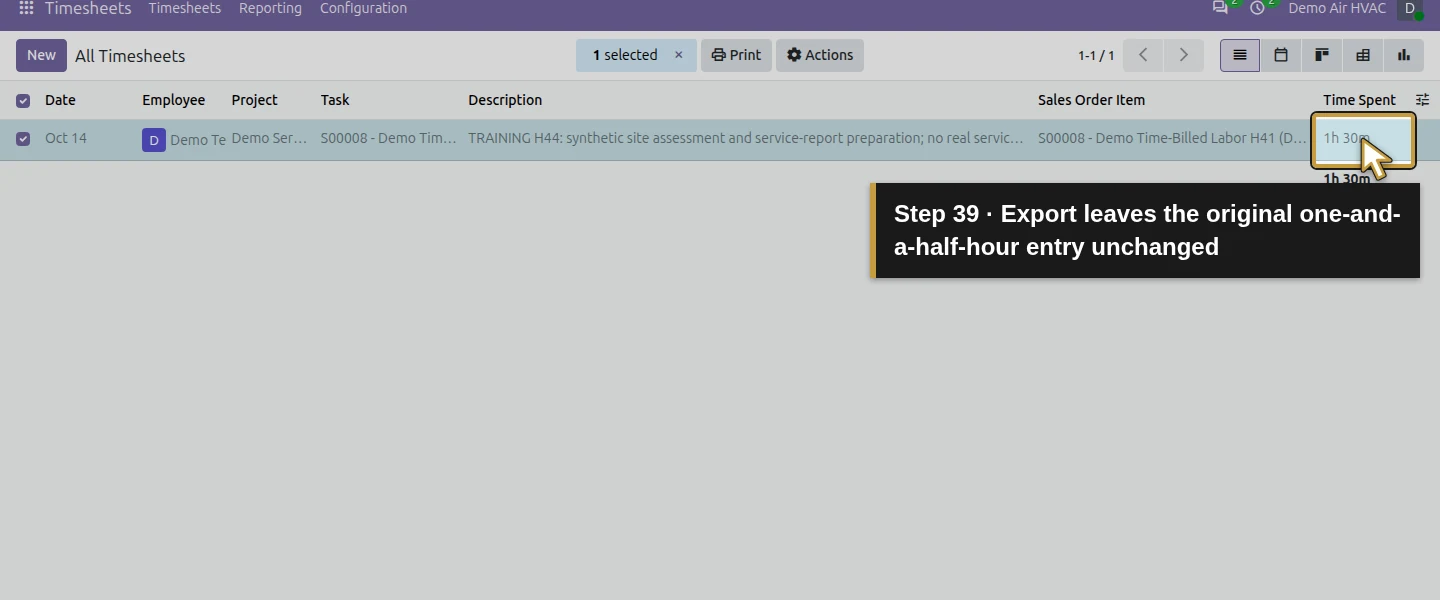 Action 39: Export leaves the original one-and-a-half-hour entry unchanged. The actual target is highlighted in gold.
