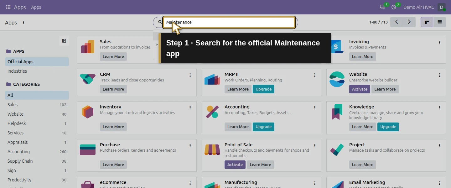 Action 1: Search for the official Maintenance app. The actual target is highlighted in gold.