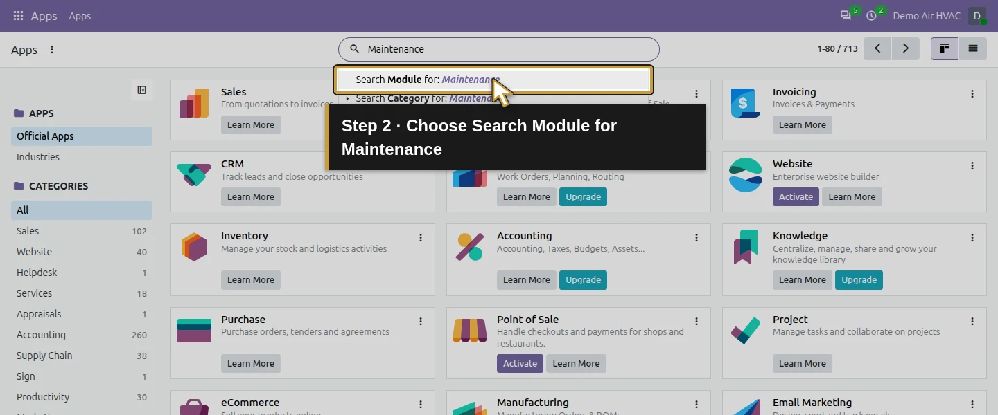 Action 2: Choose Search Module for Maintenance. The actual target is highlighted in gold.