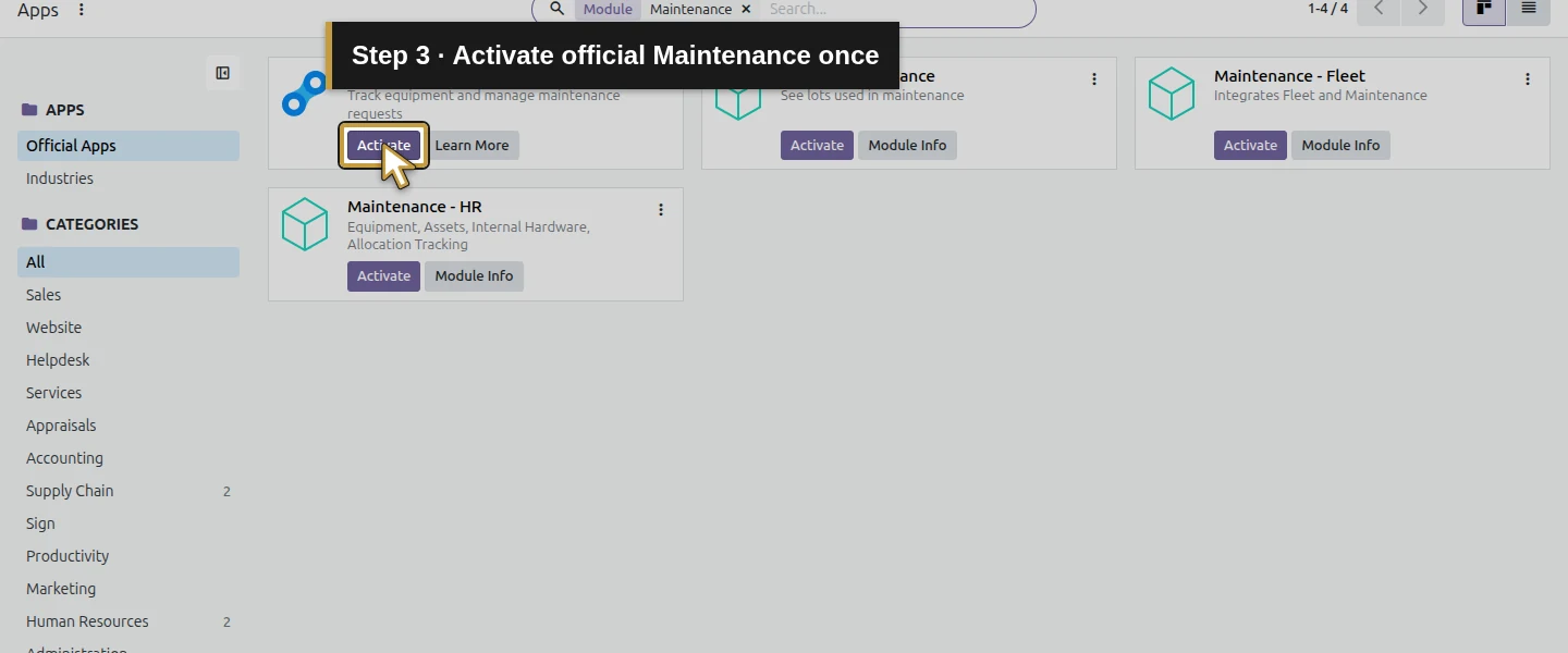 Action 3: Activate official Maintenance once. The actual target is highlighted in gold.