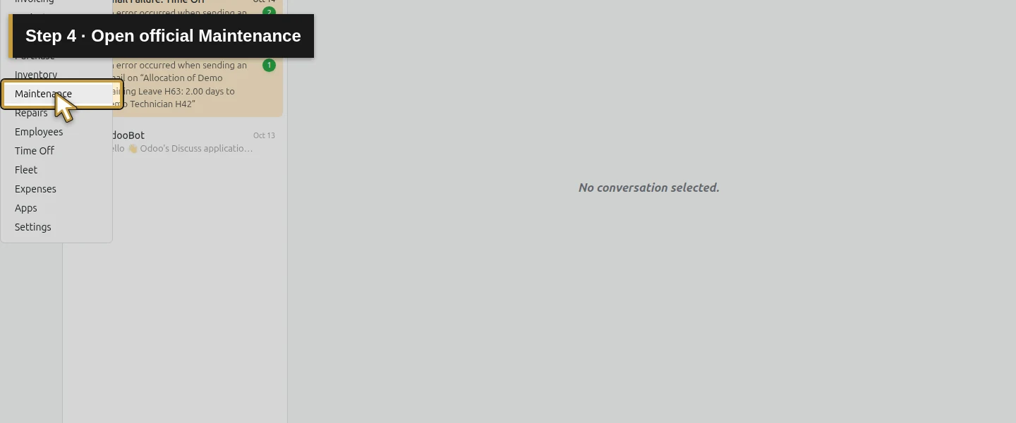 Action 4: Open official Maintenance. The actual target is highlighted in gold.