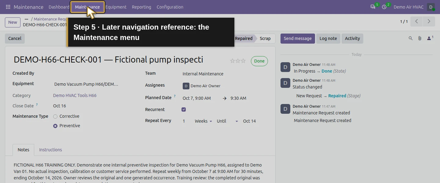 Action 5: Later navigation reference: the Maintenance menu. The actual target is highlighted in gold.