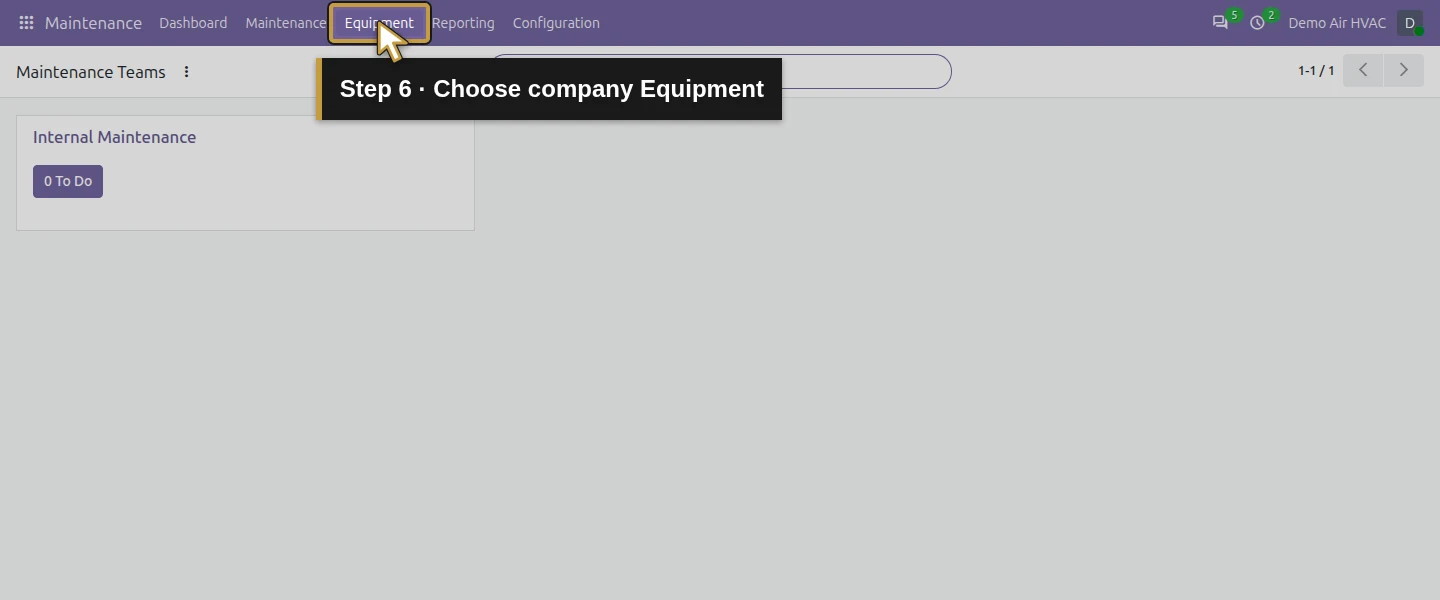 Action 6: Choose company Equipment. The actual target is highlighted in gold.