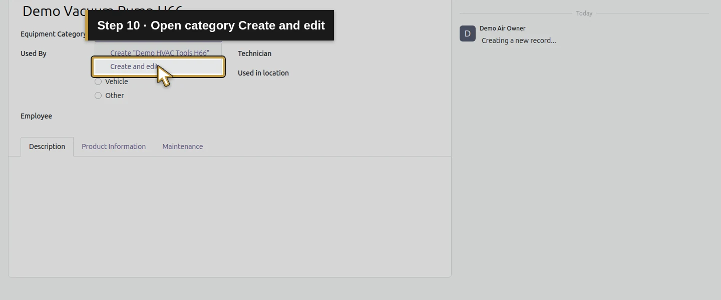 Action 10: Open category Create and edit. The actual target is highlighted in gold.
