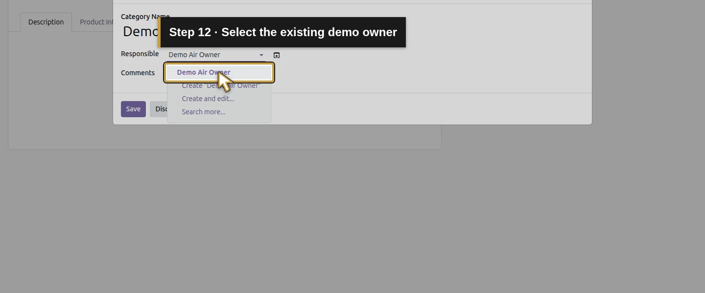 Action 12: Select the existing demo owner. The actual target is highlighted in gold.