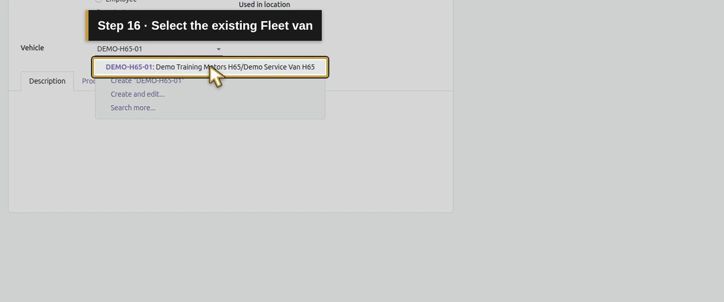 Action 16: Select the existing Fleet van. The actual target is highlighted in gold.