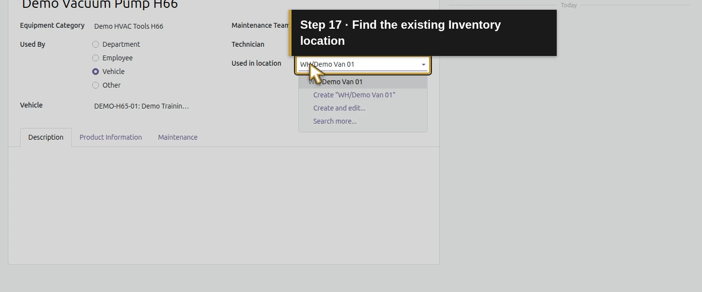 Action 17: Find the existing Inventory location. The actual target is highlighted in gold.