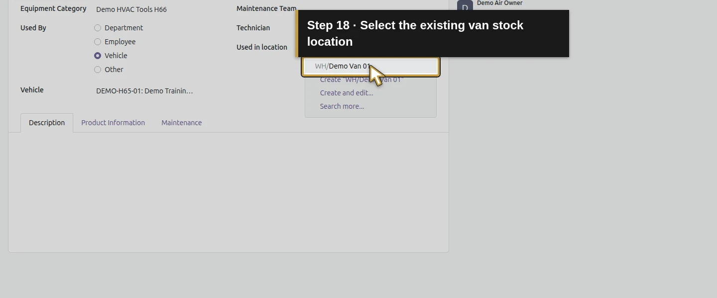 Action 18: Select the existing van stock location. The actual target is highlighted in gold.