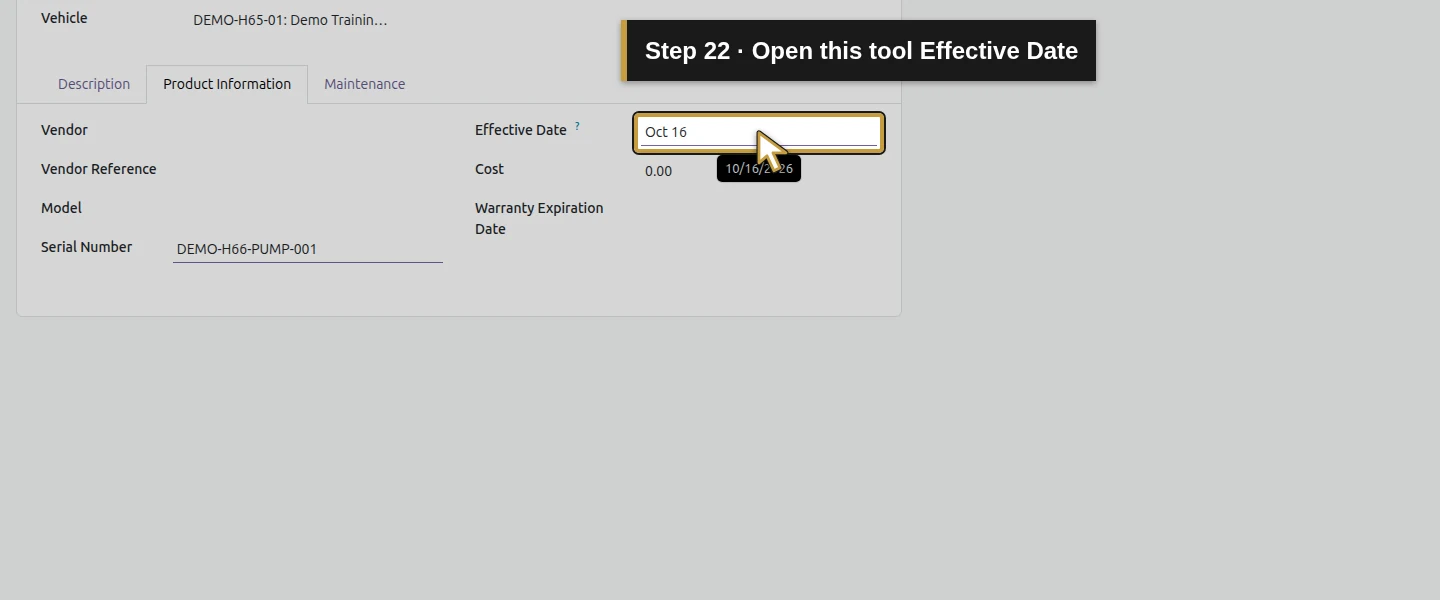 Action 22: Open this tool Effective Date. The actual target is highlighted in gold.