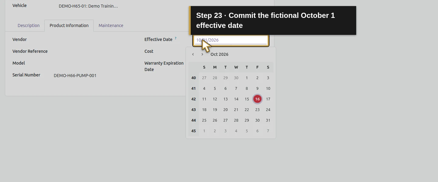 Action 23: Commit the fictional October 1 effective date. The actual target is highlighted in gold.